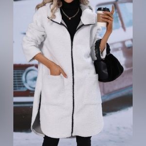 White Collared Neck Side Pocket Sherpa Fleece Overcoat